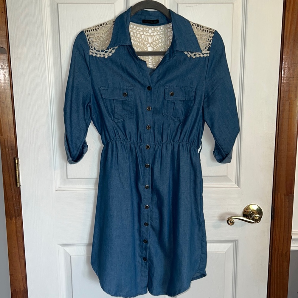 Adorable, blue jean dress with crochet detail